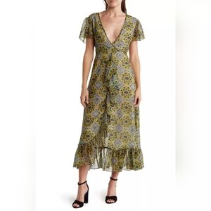 Area Stars Medium Yellow Black Aurora Ruffle Hem Short Sleeve V-Neck Dress NWT